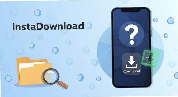 InstaDownload 常见问题解答场景插画,手机屏幕显示问号与下载完成图标,背景为浅蓝色渐变,画面主体位于右侧,左侧留白放置文件夹与放大镜元素