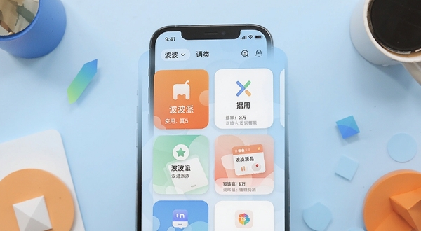 波波派应用主界面全貌展示,画面中央是手机屏幕特写,屏幕内呈现波波派清爽的卡片式功能布局,背景为浅蓝色渐变桌面环境,四周点缀简约几何图形,整体风格干净现代,突出工具类应用的便捷感