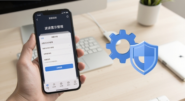 波波派使用教程示意图,画面为一只手握持手机,屏幕上显示波波派的设置与权限管理页面,旁边有抽象的齿轮与盾牌图标,背景为浅色办公桌面,整体氛围专业清晰
