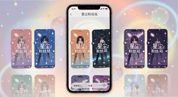 星尘粉丝站个性化主题设置界面,手机屏幕展示多套应援色主题预览,背景为柔和渐变光晕,画面风格温馨细腻,突出装扮功能