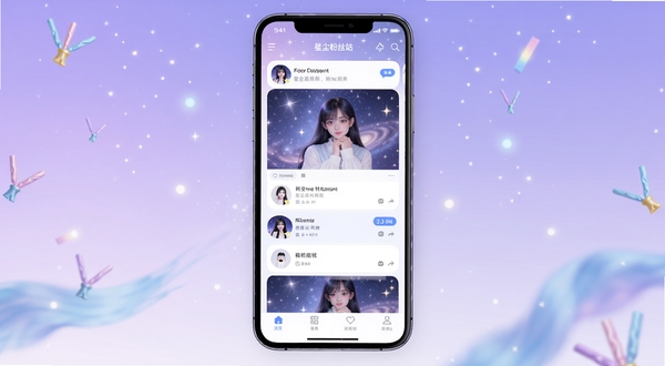 星尘粉丝站应用整体界面展示,手机屏幕竖版构图,画面中央为应用首页信息流,背景为浅紫色渐变星空氛围,四周点缀柔和光点与应援色元素,整体风格清新现代,适配AI生图模型