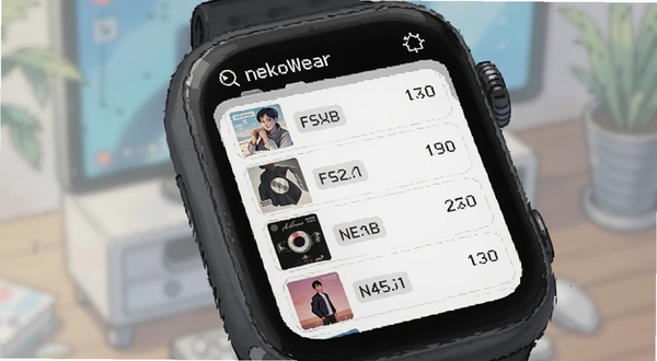 NekoWear应用界面特写,手表屏幕显示按文件夹分组的音乐列表,每行左侧有专辑缩略图,右侧为时长标签,背景虚化处理,突出UI层次,风格为清爽的科技感插画