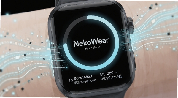 NekoWear传输进度界面,手表屏幕中央为环形进度条,下方显示剩余文件数与预计时间,背景为深色模式,点缀淡蓝色光晕,整体呈现数据流动的科技插画质感