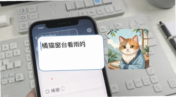 书生图片生成一句话生成图片功能演示,手机界面显示输入框内写着橘猫窗台看雨的描述文字,右侧浮现一张对应风格的成品缩略图,整体画风清新,背景为浅灰工作台,适配Boogu模型生成