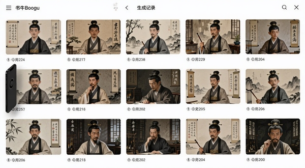 书生图片生成历史记录页面展示,手机屏幕列出多张不同风格的生成缩略图,每张下方标注生成时间,界面整洁,背景为淡白色,适配Boogu模型生成