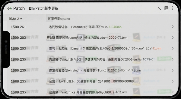 TwPatch版本更新日志界面截图风格,画面展示版本号列表与更新内容条目,手机屏幕居中,背景为浅灰色简约风格,突出迭代记录与修复内容