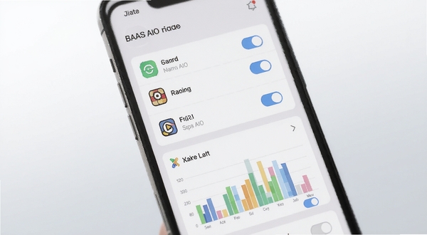 BAAS AIO 后台进程管理界面,手机屏幕展示应用列表与资源占用条形图,每个应用右侧带有开关控件,画面采用浅色卡片式设计,背景为柔和灰白渐变,突出清晰的信息层级