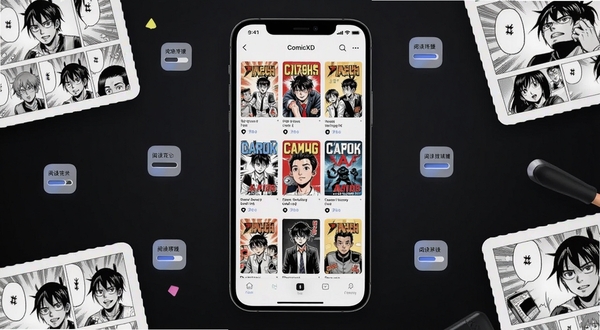 ComicXD Ӧ��������ȫ��չʾ�������������ֻ���Ļ��д����Ļ�ڳ�������������񲼾֣�����ͼ�������У�����Ϊ��ɫ�������滷��������ɢ�������־�Ԫ�����Ķ�������ͼ�꣬��������ˬ�ִ���ͻ�����������Ķ���������