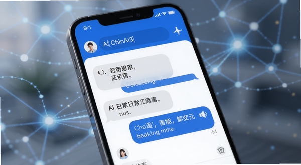 ChinAI3智能对话界面特写,手机屏幕中显示用户输入框与AI回复气泡,对话内容围绕日常问答展开,界面配色以蓝白为主,背景虚化处理突出手机主体,周围点缀抽象思维节点与光线元素,体现智能交互氛围,画面干净整洁适合软件宣传图