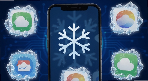 瞬启后台冻结功能示意图,手机屏幕中央显示一个雪花图标与多个应用图标被冰晶环绕,背景为深蓝色科技感渐变,突出冻结与内存回收概念