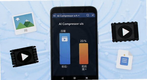 ����չʾAI Compressor�������棬һ����׿�ֻ���Ļ������ʾѹ��ǰ���ļ���С�Ա���������Ϊǳ��ɫ�Ƽ��н��䣬����Ư����Ƭ����Ƶ���ĵ�ͼ�꣬������������ͻ������ѹ������