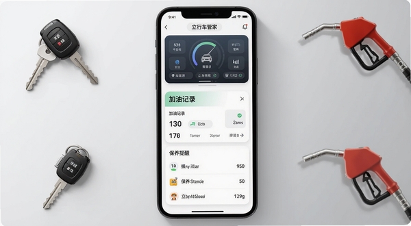 立行车管家软件主界面全貌展示,手机屏幕居中放置,屏幕内呈现车辆管理仪表盘、加油记录卡片和保养提醒列表,背景为浅灰色渐变桌面环境,周围点缀汽车钥匙、加油枪等小图标元素,整体风格清爽简洁,适配Boogu模型生成