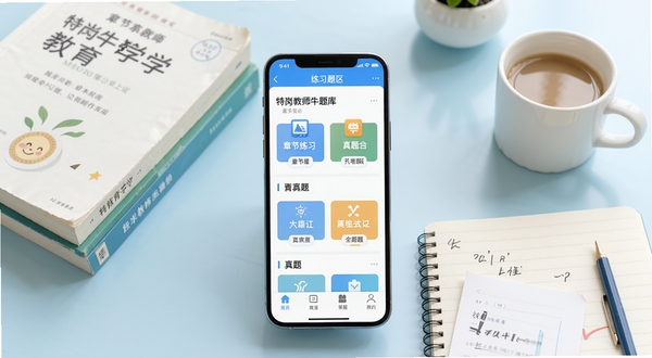 特岗教师牛题库手机APP主界面全貌展示,画面中央是一台竖屏智能手机,屏幕显示题库首页的章节练习与真题入口,背景为淡蓝色书桌场景,摆放着教育学教材、笔记本和一杯咖啡,整体色调明亮清新,学习氛围浓厚