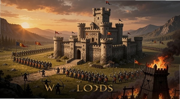WAR LORDS 中世纪奇幻策略战争手游主视觉,画面中央是一座巍峨的石砌城堡坐落在山谷之中,城堡四周环绕着训练有素的步兵与弓箭手方阵,远处天空呈现黄昏暖橙色,画面右下角有燃烧的攻城塔剪影,整体风格为写实奇幻CG插画,构图宏大,细节丰富,适合作为软件下载站头图