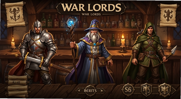 WAR LORDS 英雄招募界面概念图,画面中央是三位风格各异的中世纪英雄立绘,左侧为持剑骑士,中间为手持法杖的法师,右侧为披斗篷的游侠,背景为酒馆木质吧台与烛光,整体色调温暖,细节包含招募卷轴与徽章图标,适合展示英雄养成玩法