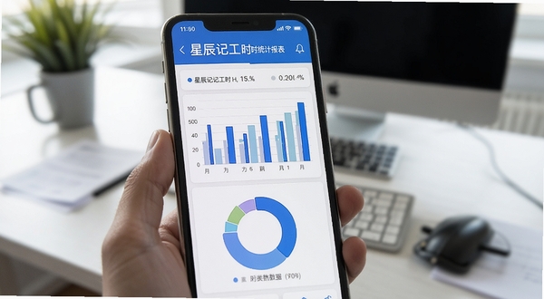 星辰记工时工时统计报表界面特写,手机屏幕显示柱状图与环形图组合的工时数据可视化页面,画面色调为蓝白商务风,背景为模糊的办公桌场景,突出数据清晰易读的视觉感受