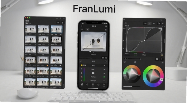 FranLumi 软件主界面全貌,画面中央是手机屏幕显示调色工作台,左侧为预设滤镜列表,右侧为曲线与色轮面板,背景为浅灰渐变的工作室桌面,柔和顶光,整体干净明亮,突出软件名称FranLumi