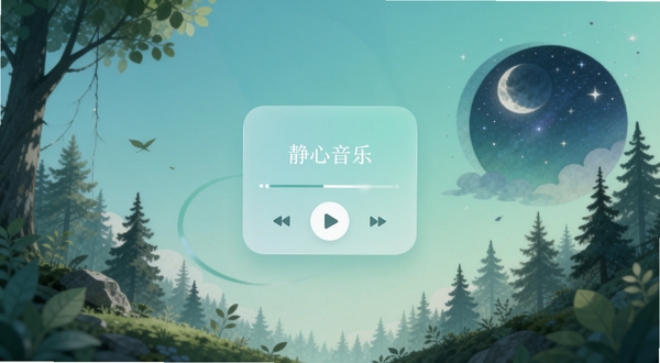静心音乐APP主界面展示,画面中央是柔和的蓝绿色渐变背景,中心位置悬浮着带有静心音乐字样的播放控制卡片,四周环绕着自然森林与星空的抽象元素,整体风格宁静治愈,适配Boogu模型生成
