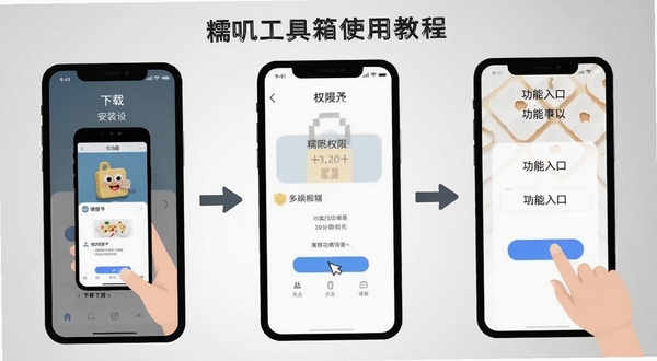 糯叽工具箱使用教程示意图,画面为手机屏幕分步操作演示,展示下载安装、权限授予、功能入口点击等步骤,配以简洁箭头指引,背景为浅灰渐变,风格扁平化教学插画,适配Boogu模型生成