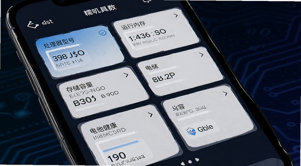 糯叽工具箱设备检测功能界面特写,手机屏幕显示硬件参数列表,包括处理器型号、运行内存、存储容量、电池健康等数据卡片,背景为深色科技感渐变,数据以蓝色高亮呈现,画面清晰有质感,适配Boogu模型生成