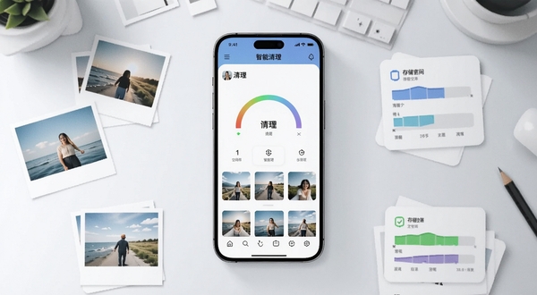 轻了相册应用主界面全貌展示,画面中央为手机屏幕中的相册清理仪表盘,背景为浅灰渐变的工作台环境,四周散落着照片缩略图与存储空间示意图,整体风格清爽简洁,突出智能清理主题