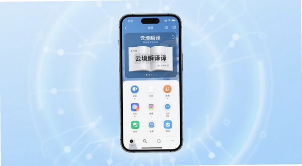 云境瞬译翻译软件主界面全貌展示,画面中央为手机屏幕特写,屏幕内呈现翻译功能主页面与功能图标排列,背景为浅蓝色渐变科技感光晕,整体风格简洁清爽,适配Boogu模型生成