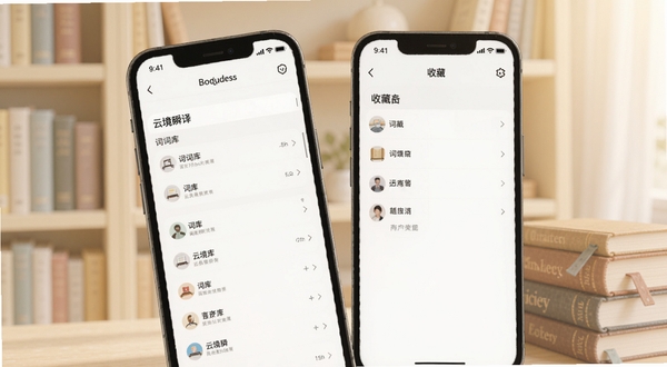 云境瞬译翻译离线词库与历史记录页面展示,手机屏幕内呈现词库列表与收藏夹界面,背景为柔和浅色书架与词典元素点缀,画面风格温润安静,适配Boogu模型生成