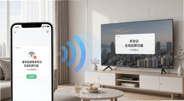 爱享投屏多协议无线投屏功能展示图,手机屏幕与智能电视之间以无线信号波纹连接,客厅场景,画面简洁明亮,突出投屏连接成功的提示界面