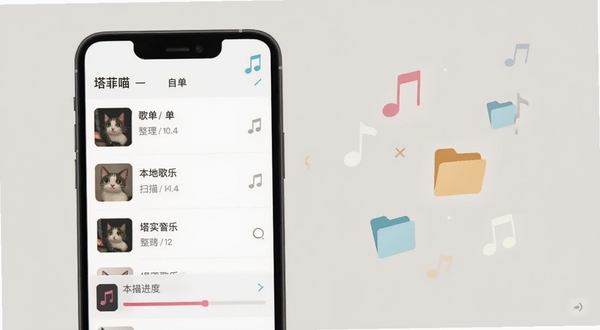 塔菲喵音乐歌单管理页面,手机屏幕展示自建歌单列表与本地音乐扫描进度条,画面右侧漂浮音符与文件夹图标,背景为浅灰米色,整体风格清新简约,体现整理收纳的音乐氛围