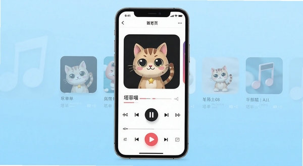 塔菲喵音乐手机端首页界面展示,居中放置手机屏幕,屏幕内呈现音乐播放器主界面与歌单卡片,背景为浅蓝渐变纯色区域,画面干净清爽,突出应用图标与播放按钮细节