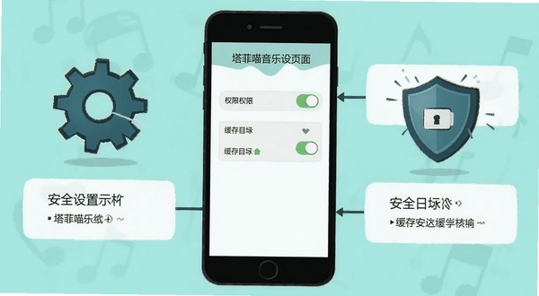 塔菲喵音乐设置页面示意图,手机屏幕显示权限开关与缓存目录选项,画面配有齿轮与盾牌图标,背景为浅青色,风格简洁说明向,突出设置与安全主题