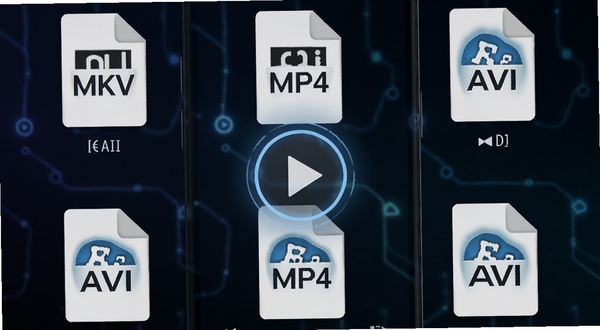 Vynody播放器多格式解码界面展示,手机屏幕中并列排列MKV、MP4、AVI文件图标,背景为深色科技感渐变,画面中央有播放按钮光效,整体风格简洁现代