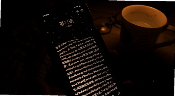 墨与读夜间阅读模式界面特写,手机屏幕显示深色背景配暖色文字,周围环境昏暗,营造睡前阅读的舒适场景