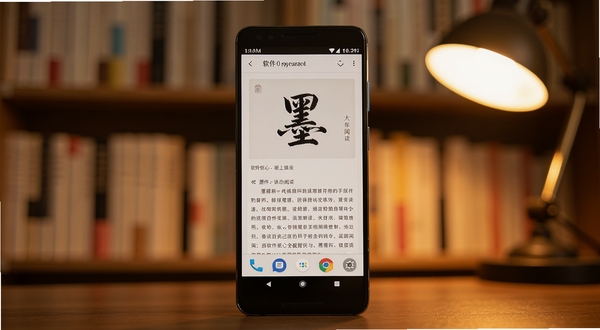 软件核心全貌展示,画面主体为一部安卓手机居中放置,屏幕显示墨与读阅读界面,背景为柔和的书架与暖色灯光,整体色调温润,突出纯净阅读氛围