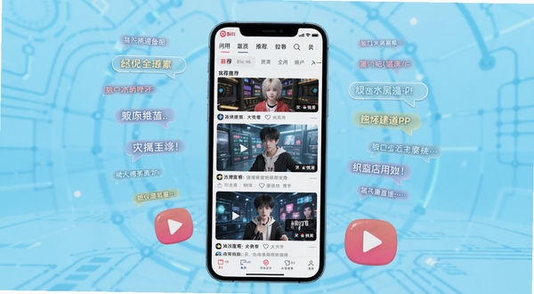 哔哩哔哩BILI应用主界面全貌展示,手机屏幕居中构图,画面主体为竖屏手机显示BILI首页推荐视频瀑布流,背景为浅蓝色渐变科技感空间,周围漂浮弹幕气泡与播放按钮元素,整体风格清新明快,适配Boogu模型生成