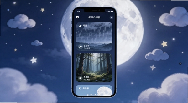 星眠白噪音应用主界面展示,画面中央为手机屏幕内呈现的雨声与森林音效卡片列表,背景为深蓝色夜空与柔和月光,四周点缀漂浮的云朵与星星元素,整体色调宁静治愈,构图居中对称,适配Boogu模型生成