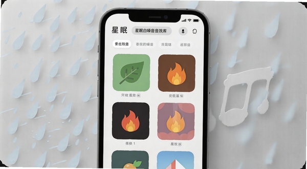 星眠白噪音音效库界面,手机屏幕中展示分类标签与音效图标网格,雨滴、树叶、火焰等图标以扁平化风格排列,背景为浅灰色磨砂质感,光线柔和均匀,突出界面层次感,适配Boogu模型生成
