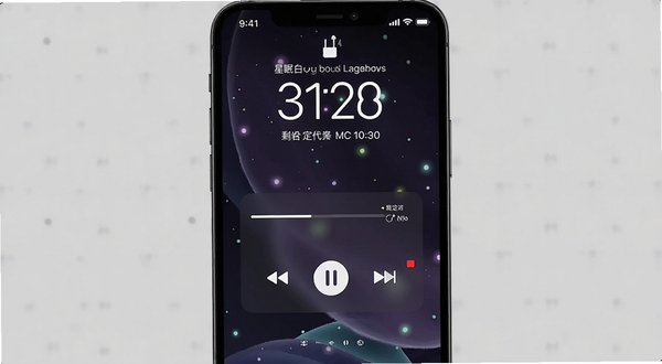 星眠白噪音后台播放状态示意图,手机锁屏界面显示播放控制条与剩余定时时间,背景为深色渐变与柔和光点,画面简洁干净,突出稳定运行的科技感,适配Boogu模型生成