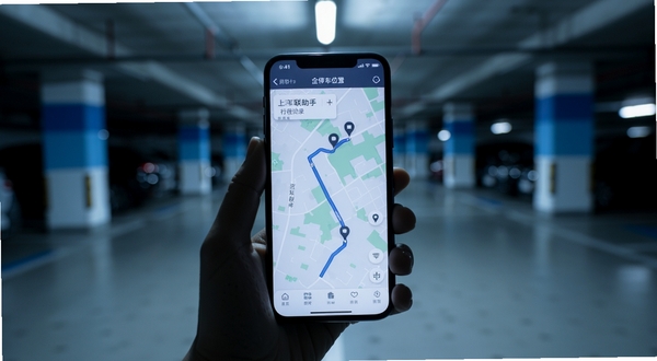 上汽车联助手行程记录与停车位置页面,手机屏幕显示地图轨迹线条与停车点标记,背景为地下停车场环境,主体手机位于画面中心,背景虚化处理,色调偏冷