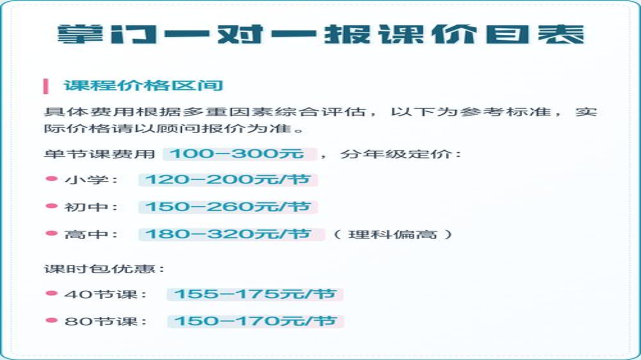 掌门优课不同年级课程收费标准对比图
