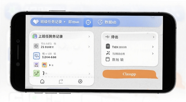Classpp软件操作界面截图风格示意图,展示手机上班级任务记录与数据导出选项,浅灰质感背景,图标清晰