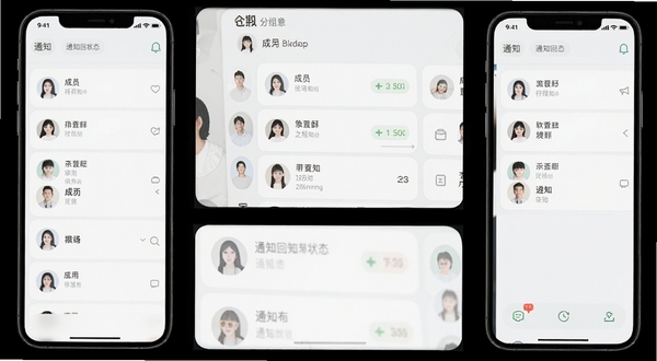 Classpp软件班级成员管理界面示意图,手机屏幕展示成员分组列表与通知回执状态,简洁清爽的浅色界面风格
