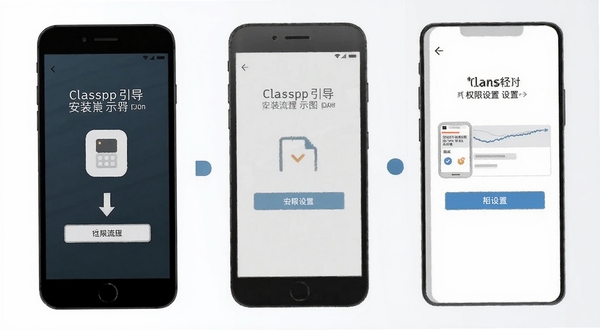 Classpp软件安装流程示意图,展示手机端安装引导界面与权限设置页面,简洁扁平化风格