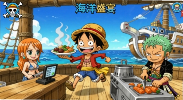 海贼王海洋盛宴游戏主界面展示草帽一伙在海上餐厅忙碌经营的卡通场景,路飞端着热气腾腾的料理奔跑,娜美在柜台结算,索隆在厨房切菜,背景是蔚蓝大海与万里阳光号船头,画面色彩明亮饱和,Q版角色造型可爱,整体风格贴合原作动画,适配Boogu模型生成