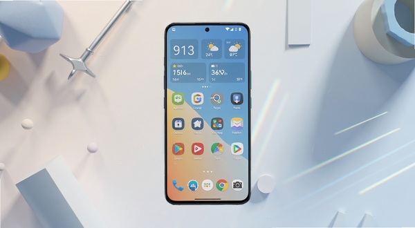 软件名称DroidDeck安卓桌面启动器主界面全貌展示,画面中央为手机屏幕正视图,屏幕内呈现整齐排列的应用图标网格与顶部时钟天气小组件,背景为浅色渐变工作台场景,周围点缀几何图形与光影层次,整体风格清爽现代,适配Boogu模型生成