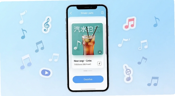 汽水音乐解析软件界面展示智能识别链接功能的手机截图风格插画,画面中央是手机屏幕,屏幕内显示剪贴板识别成功的歌曲卡片和确认按钮,背景为浅蓝色渐变,四周点缀音符图标,整体清新简洁