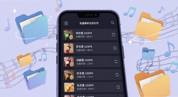 汽水音乐解析软件批量解析任务队列界面展示插画,画面中手机屏幕排列着多条待解析歌曲条目,每条前方有状态图标,背景为淡紫色,周围环绕文件夹和音符元素,突出批量处理的高效感