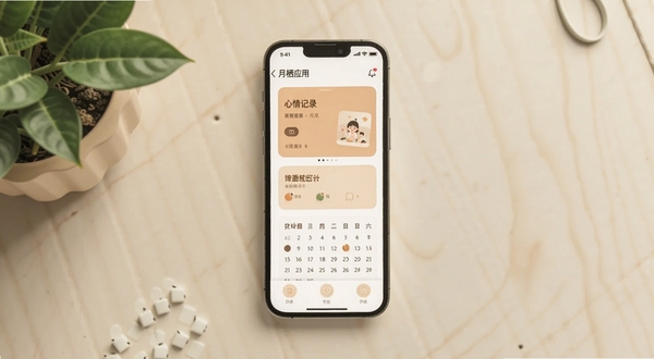 月栖应用主界面全貌展示,画面中心为手机屏幕,屏幕内呈现柔和暖色调的心情记录卡片与日历打卡模块,背景为淡米色桌面与绿植一角,整体风格清新治愈,适配Boogu模型生成
