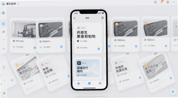 屏忆软件界面中屏幕记忆卡片依次排列,手机屏幕展示文字片段与时间标签,浅色背景,简洁科技感