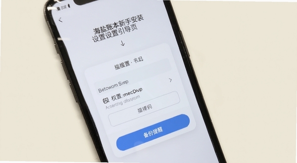 海盐账本新手安装设置引导页面,画面主体为手机屏幕内呈现权限设置与备份提醒的引导界面,背景为浅米色纯色区域,画面简洁,突出操作指引感